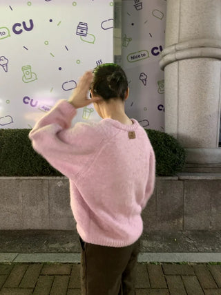 Fuzzy V-neck Volume Sleeve Knit