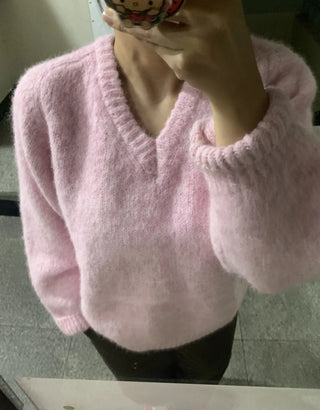 Fuzzy V-neck Volume Sleeve Knit