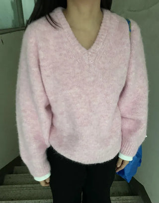 Fuzzy V-neck Volume Sleeve Knit