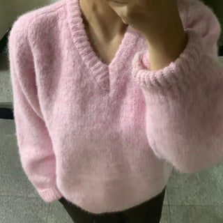 Fuzzy V-neck Volume Sleeve Knit