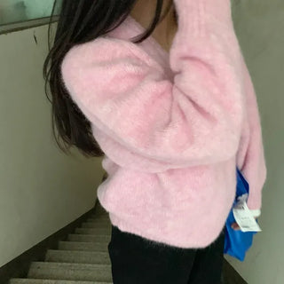 Fuzzy V-neck Volume Sleeve Knit