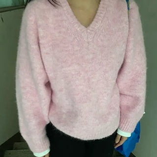 Fuzzy V-neck Volume Sleeve Knit