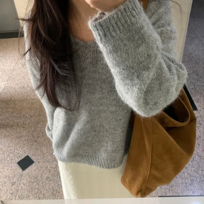 V-neck Angora Blend Loose Fit Knit