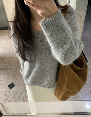 V-neck Angora Blend Loose Fit Knit
