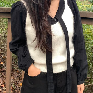 V-neck Ribbon Tie Puff Blouse