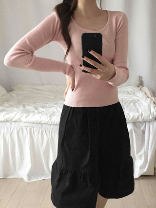 Square Neck Slim Fit Ribbed Knit Top