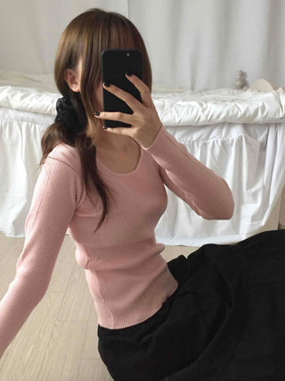 Square Neck Slim Fit Ribbed Knit Top