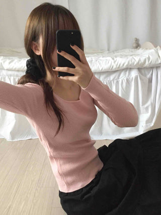 Square Neck Slim Fit Ribbed Knit Top