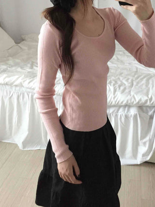 Square Neck Slim Fit Ribbed Knit Top