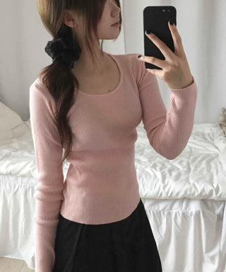 Square Neck Slim Fit Ribbed Knit Top