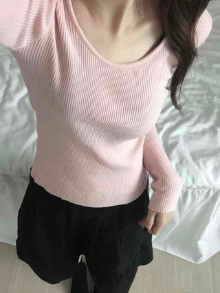 Square Neck Slim Fit Ribbed Knit Top