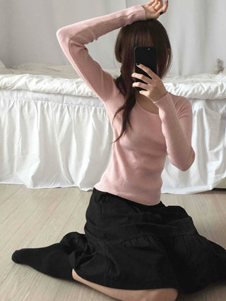 Square Neck Slim Fit Ribbed Knit Top