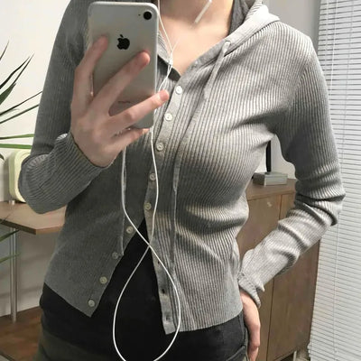 Casual Ribbed Hooded Button Cardigan