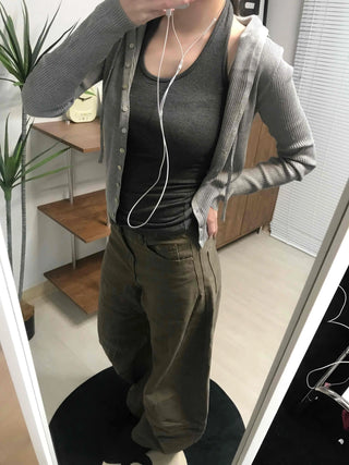 Casual Ribbed Hooded Button Cardigan