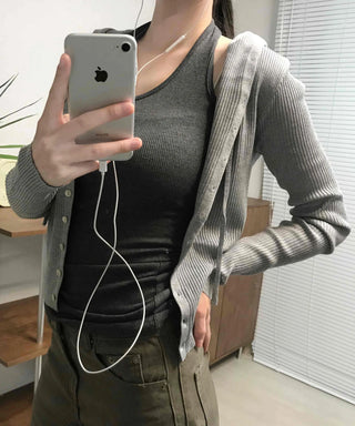 Casual Ribbed Hooded Button Cardigan