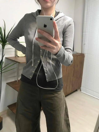 Casual Ribbed Hooded Button Cardigan