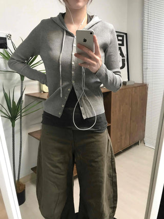Casual Ribbed Hooded Button Cardigan