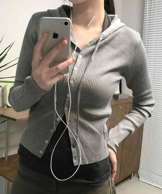 Casual Ribbed Hooded Button Cardigan