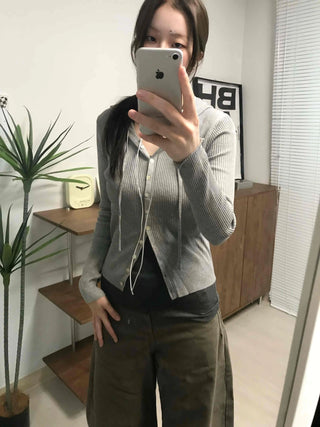 Casual Ribbed Hooded Button Cardigan