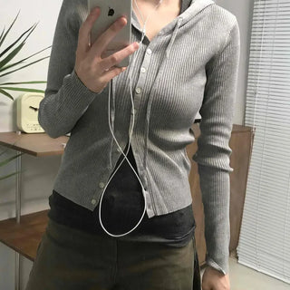 Casual Ribbed Hooded Button Cardigan