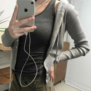 Casual Ribbed Hooded Button Cardigan