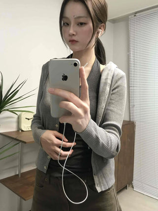 Casual Ribbed Hooded Button Cardigan