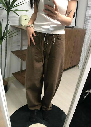Loose Fit Straight Cotton Elastic Waist Pants