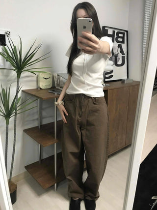 Loose Fit Straight Cotton Elastic Waist Pants
