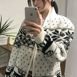 Nordic Pattern Oversized Zip-Up Knit Jumper