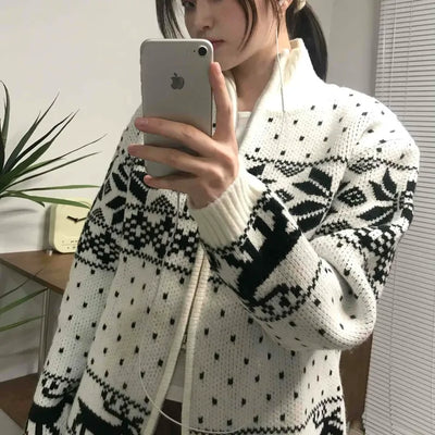 Nordic Pattern Oversized Zip-Up Knit Jumper