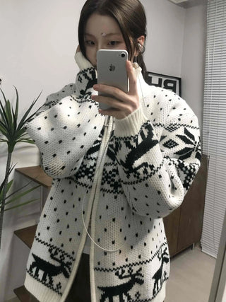 Nordic Pattern Oversized Zip-Up Knit Jumper