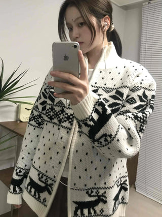 Nordic Pattern Oversized Zip-Up Knit Jumper