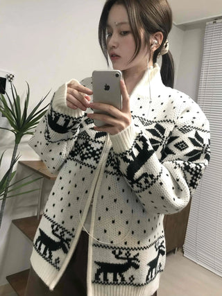 Nordic Pattern Oversized Zip-Up Knit Jumper