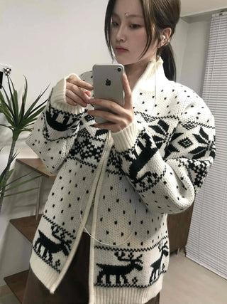 Nordic Pattern Oversized Zip-Up Knit Jumper