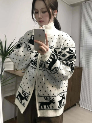 Nordic Pattern Oversized Zip-Up Knit Jumper
