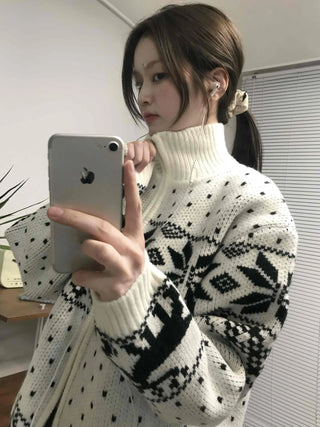 Nordic Pattern Oversized Zip-Up Knit Jumper