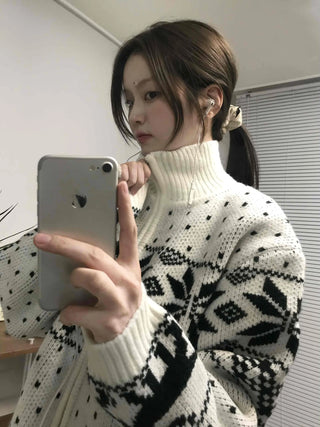 Nordic Pattern Oversized Zip-Up Knit Jumper