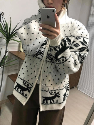 Nordic Pattern Oversized Zip-Up Knit Jumper
