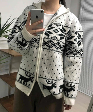 Nordic Pattern Oversized Zip-Up Knit Jumper