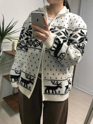 Nordic Pattern Oversized Zip-Up Knit Jumper