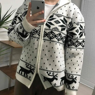 Nordic Pattern Oversized Zip-Up Knit Jumper