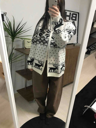 Nordic Pattern Oversized Zip-Up Knit Jumper