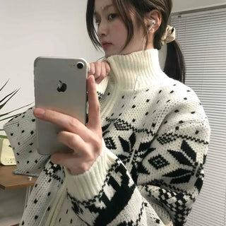 Nordic Pattern Oversized Zip-Up Knit Jumper