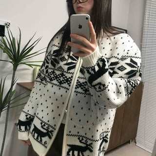Nordic Pattern Oversized Zip-Up Knit Jumper