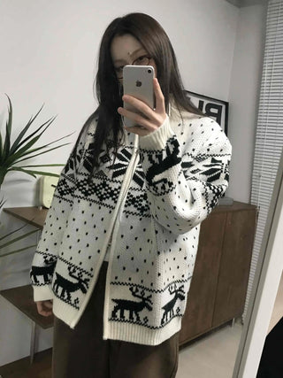 Nordic Pattern Oversized Zip-Up Knit Jumper