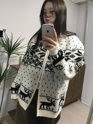 Nordic Pattern Oversized Zip-Up Knit Jumper
