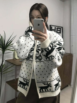 Nordic Pattern Oversized Zip-Up Knit Jumper