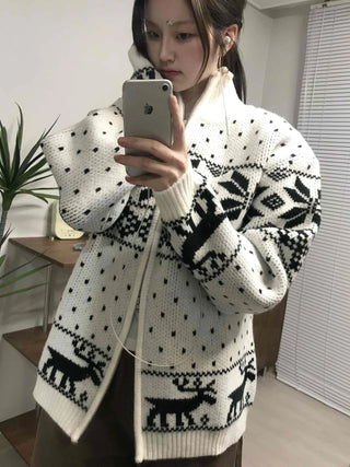 Nordic Pattern Oversized Zip-Up Knit Jumper