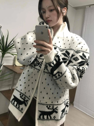 Nordic Pattern Oversized Zip-Up Knit Jumper