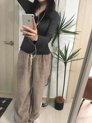 Cotton Linen Wide Elastic Waist Pants